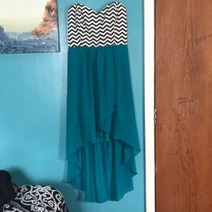Strapless high-low chevron and teal dress
